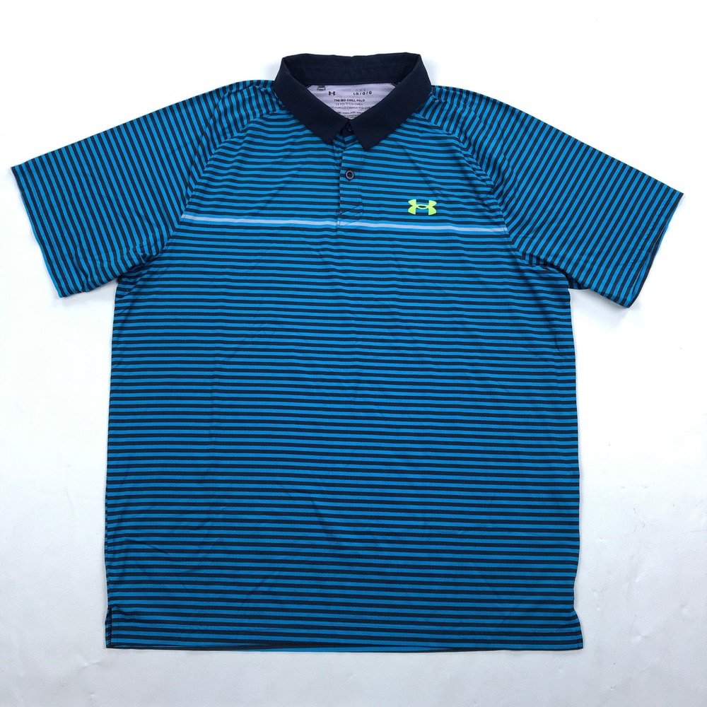Under Armour Mens Iso-Chill Polo Shirt Blue Black Striped Golf Large 1377296